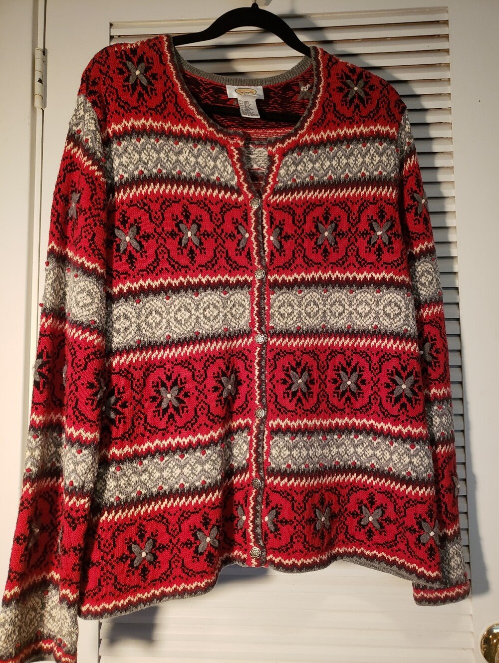 Talbots Red and Gray Nordic-Pattern Cardigan